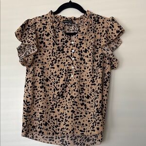 SHEIN Tan and Black Animal Print Ruffle Blouse